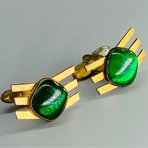 Vintage Cufflinks Emerald Green Lucite Art Deco Design
